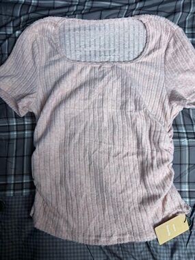 SHEIN Light Pink Ribbed Square Neck Short Sleeve Top